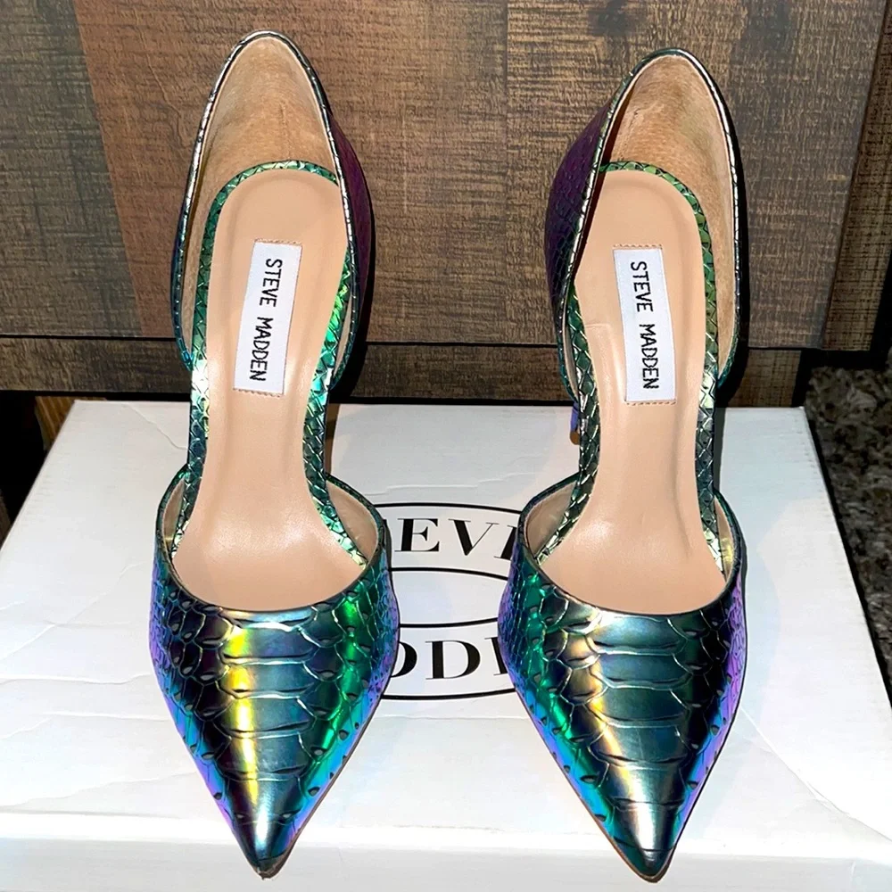 👠NWB STEVE MADDEN HYPNOTIC TURQUOISE CROCODILE HEELS. Lim Ed; SZ 5 fits 5.5 - Picture 2 of 7